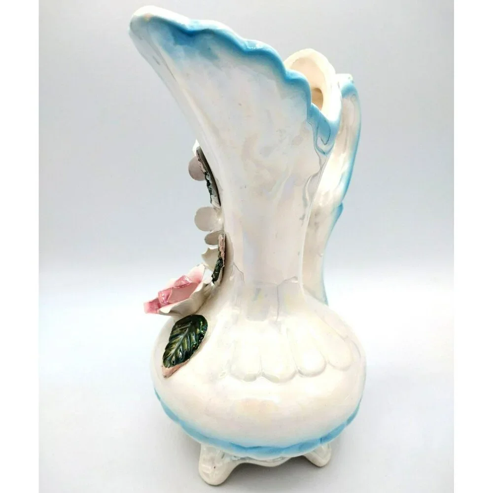 Lusterware Pitcher Vase with Flower Accents and Handle 8 Inches Vintage
